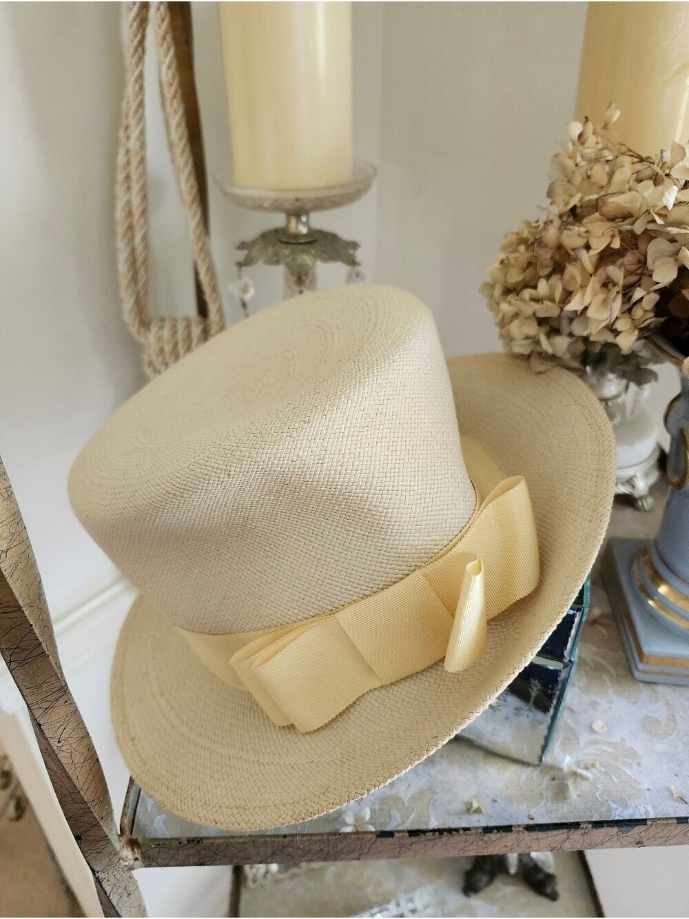 Vintage Valerie Modes Ivory Woven Hat Cream Summer Hat with Bow Garden Party